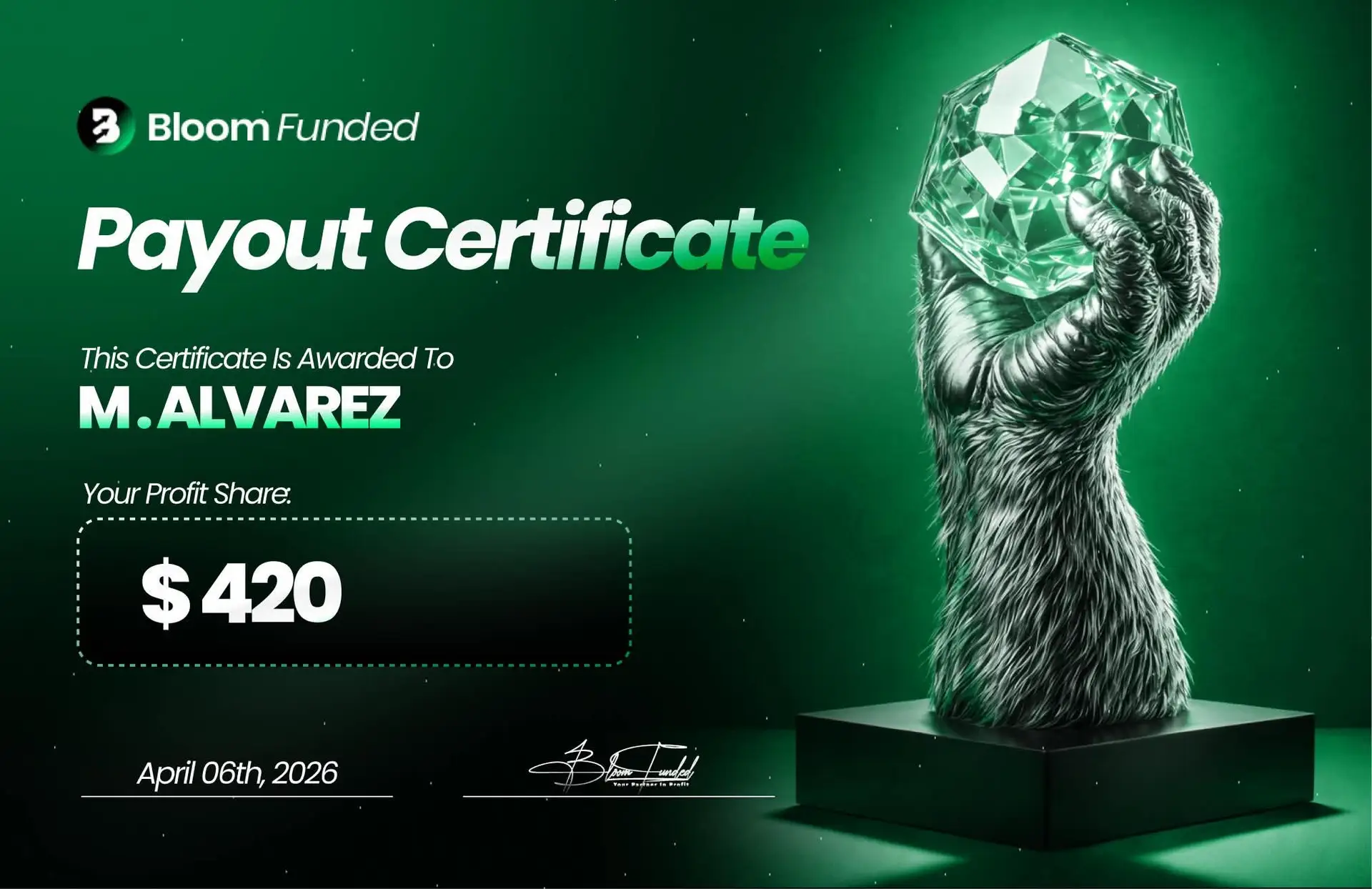 BloomFunded payout certificate awarded to M. Alvarez for $420