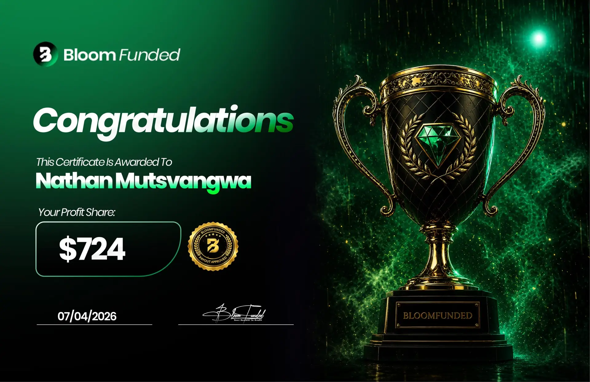BloomFunded payout certificate awarded to Nathan Mutsvangwa for $724