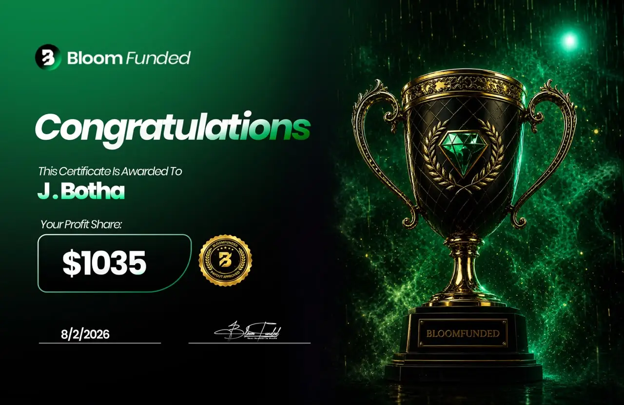 BloomFunded payout certificate awarded to J. Botha for $1,035