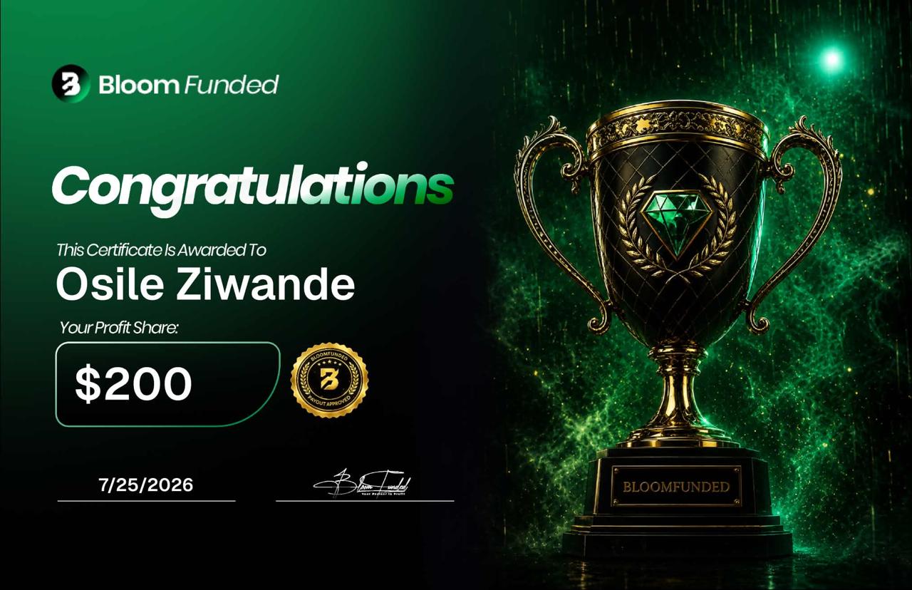BloomFunded payout certificate awarded to Osile Ziwande for $200