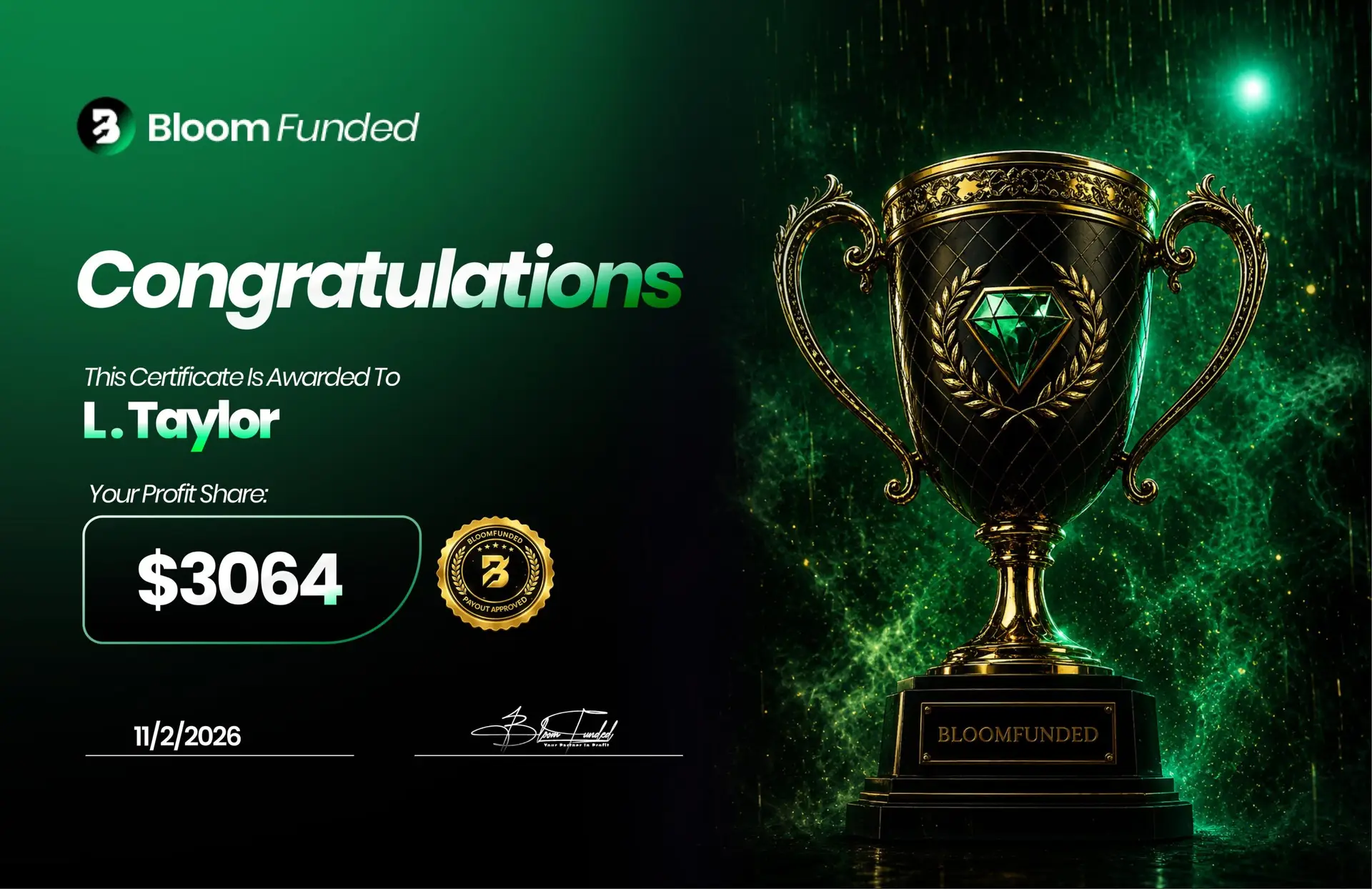 BloomFunded payout certificate awarded to L. Taylor for $3,064