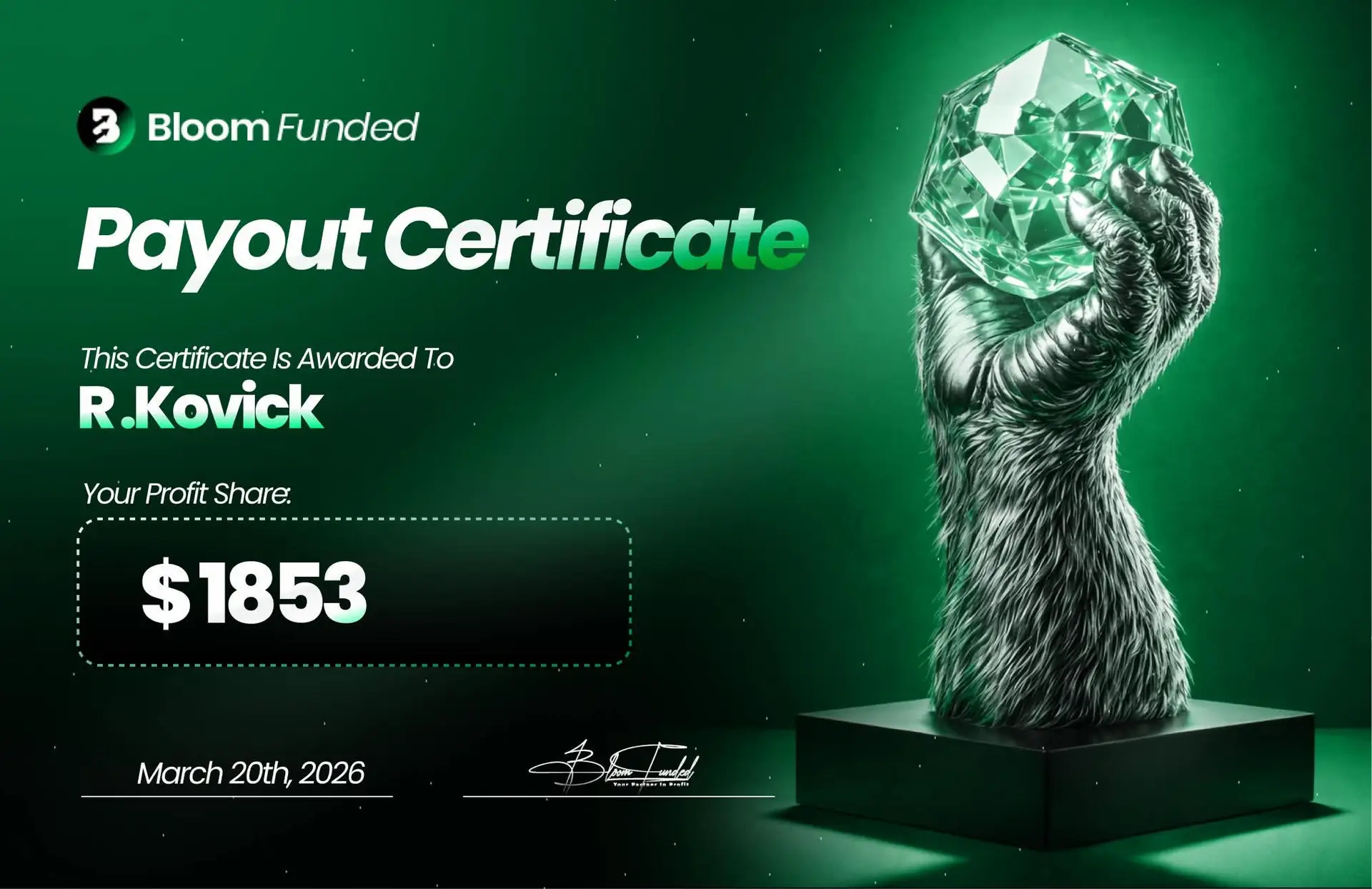 BloomFunded payout certificate awarded to R. Kovick for $1,853