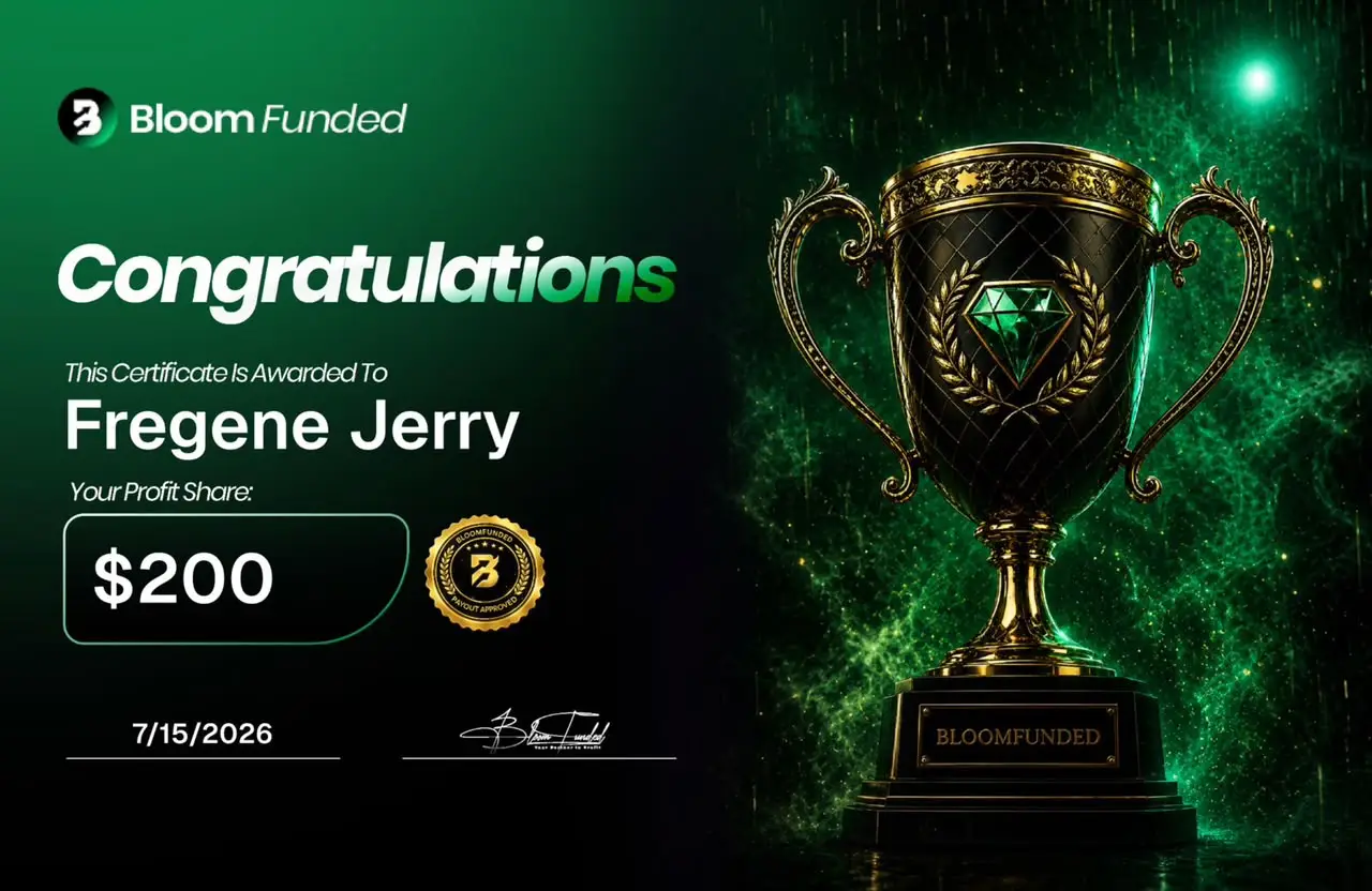 BloomFunded payout certificate awarded to Fregene Jerry for $200