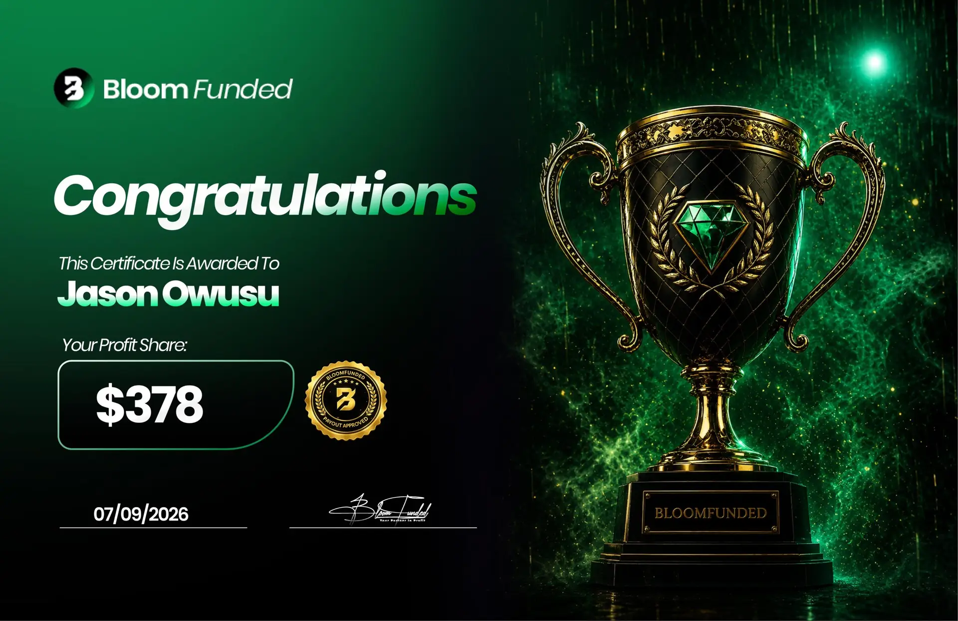BloomFunded payout certificate awarded to Jason Owusu for $378