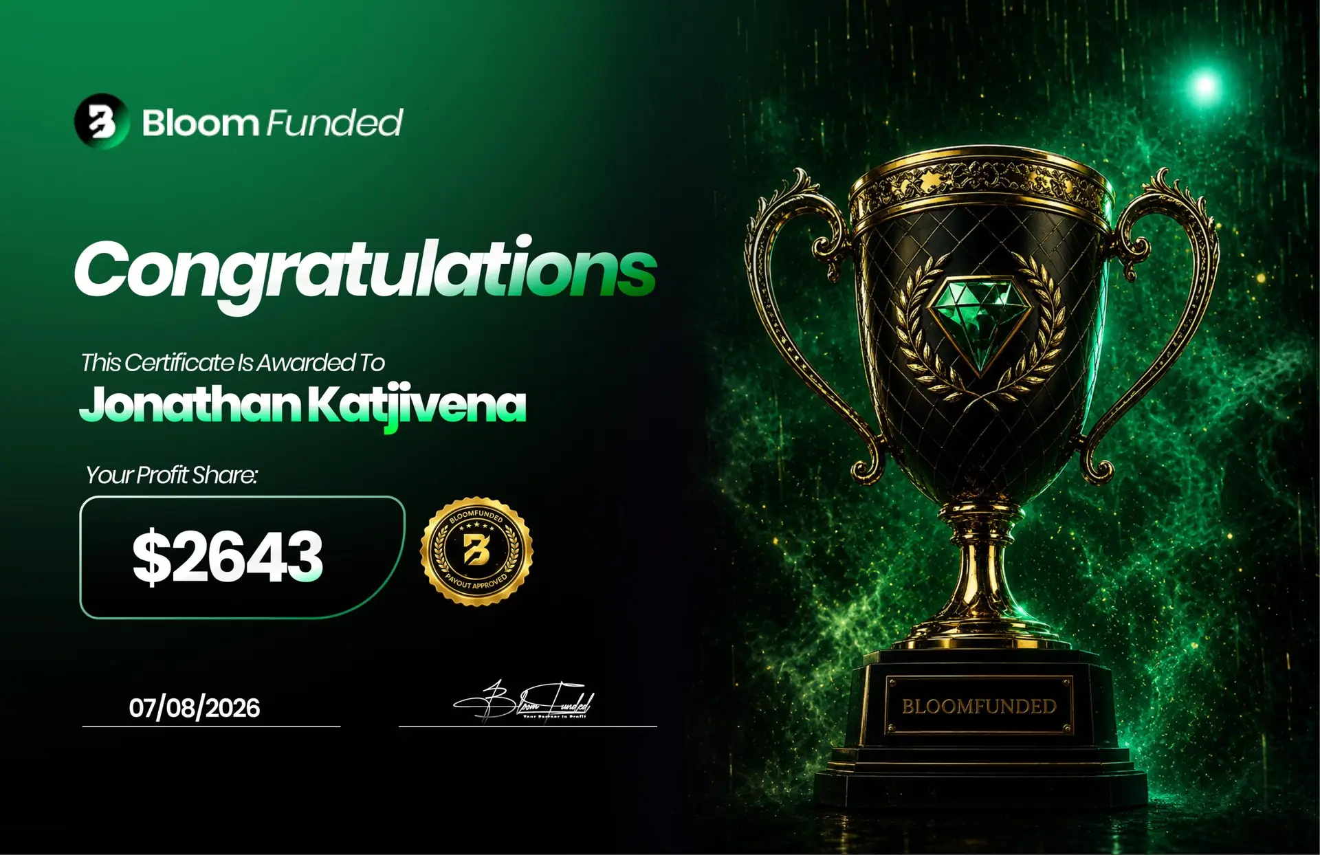 BloomFunded payout certificate awarded to Jonathan Katjivena for $2,643