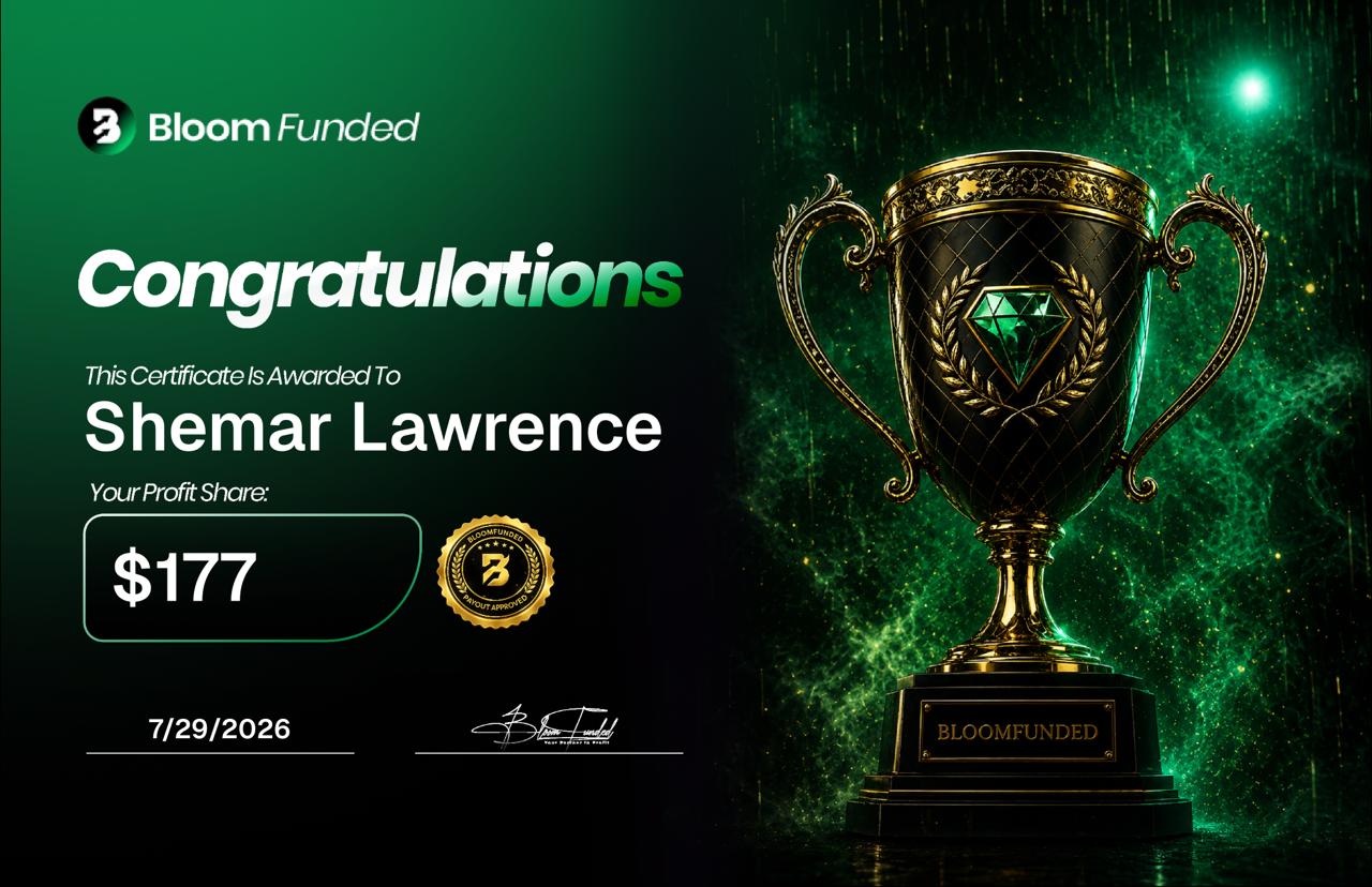 BloomFunded payout certificate awarded to Shemar Lawrence for $177