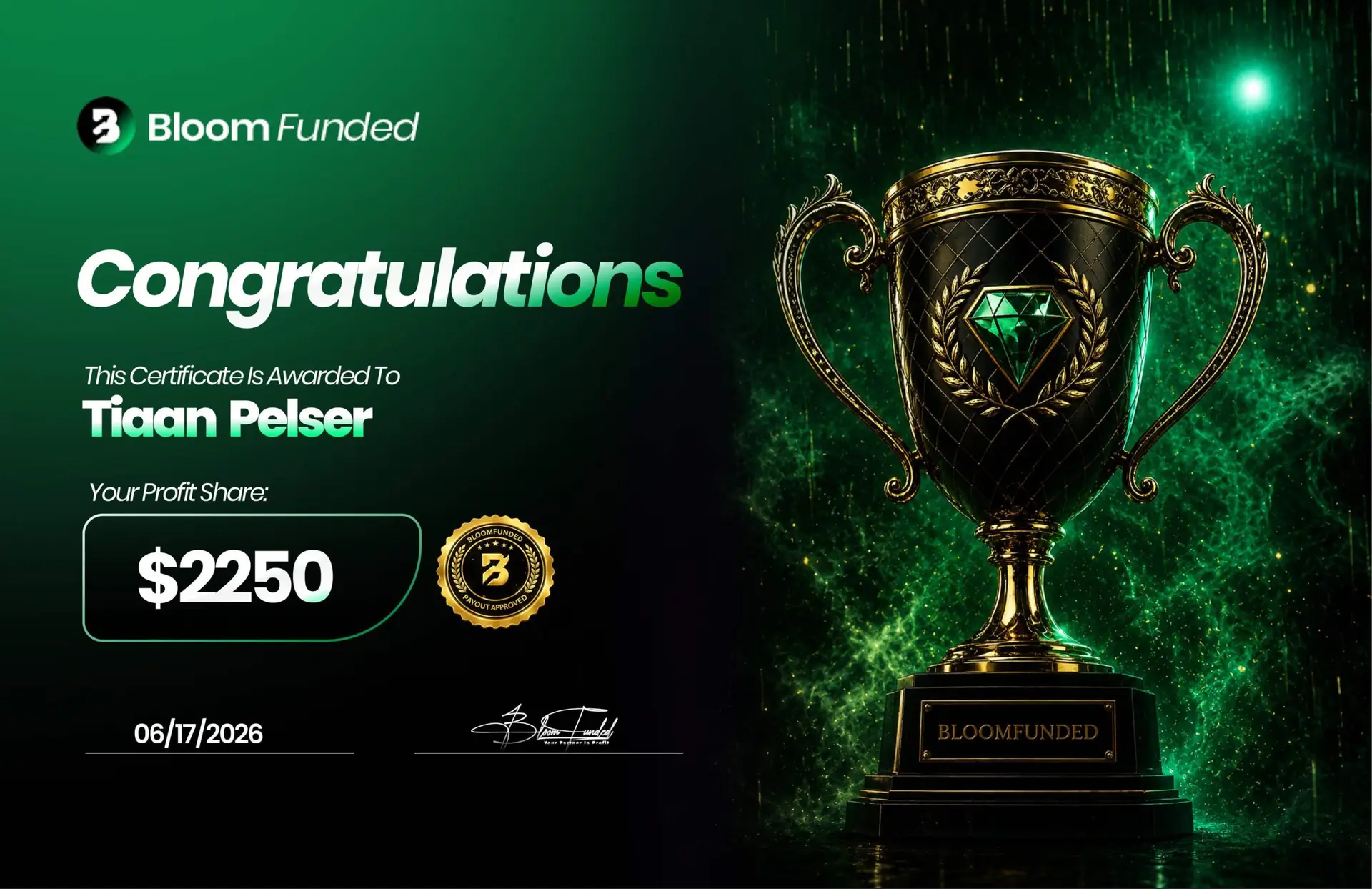 BloomFunded payout certificate awarded to Tiaan Pelser for $2,250
