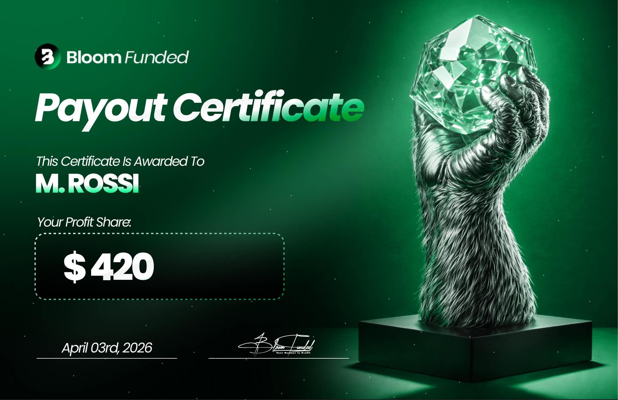 BloomFunded payout certificate awarded to M. Rossi for $420