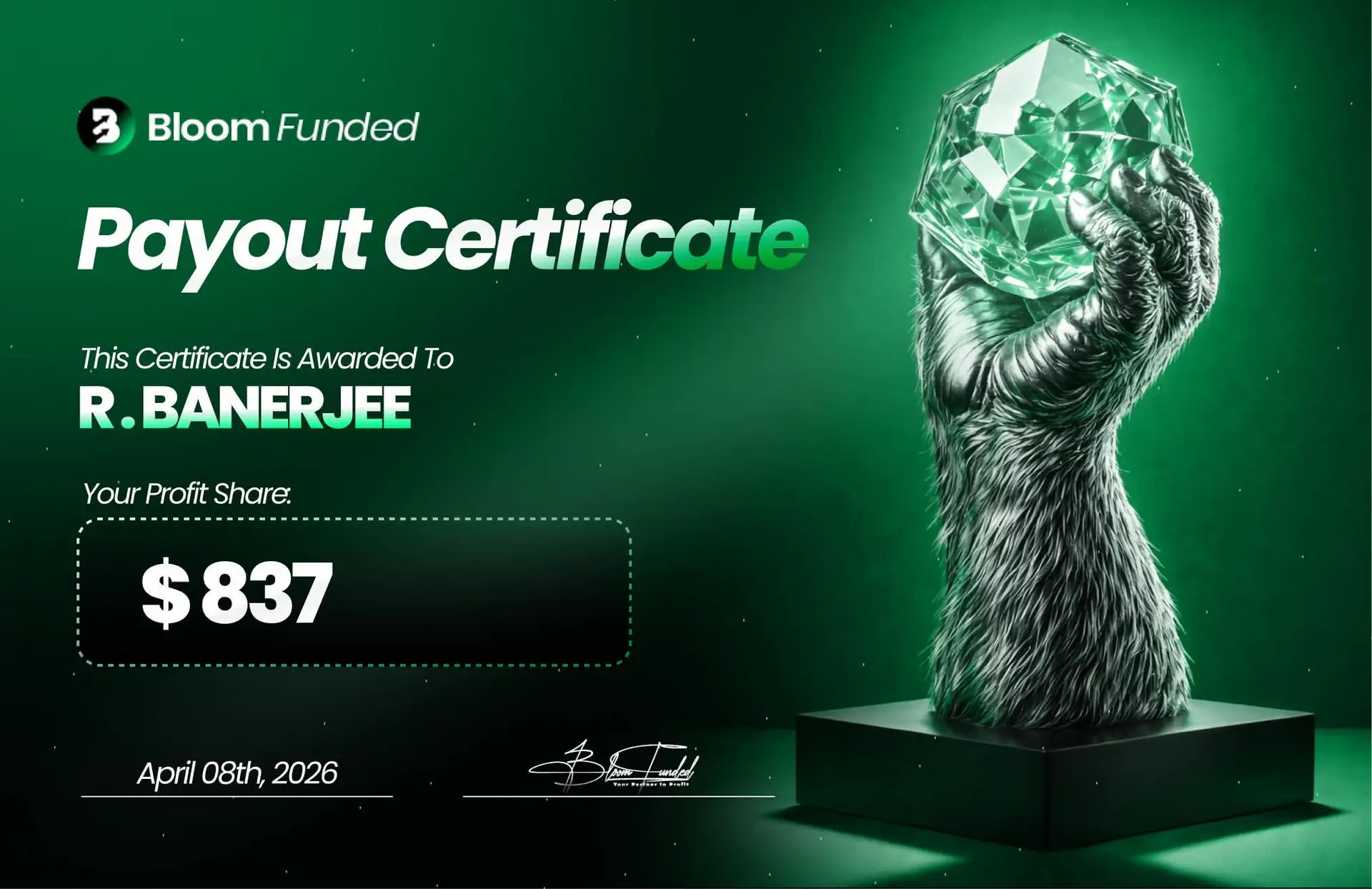 BloomFunded payout certificate awarded to R. Banerjee for $837