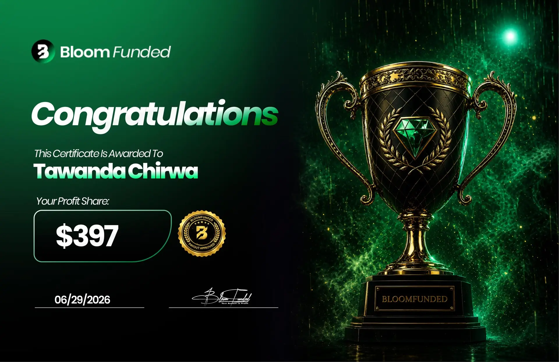 BloomFunded payout certificate awarded to Tawanda Chirwa for $397