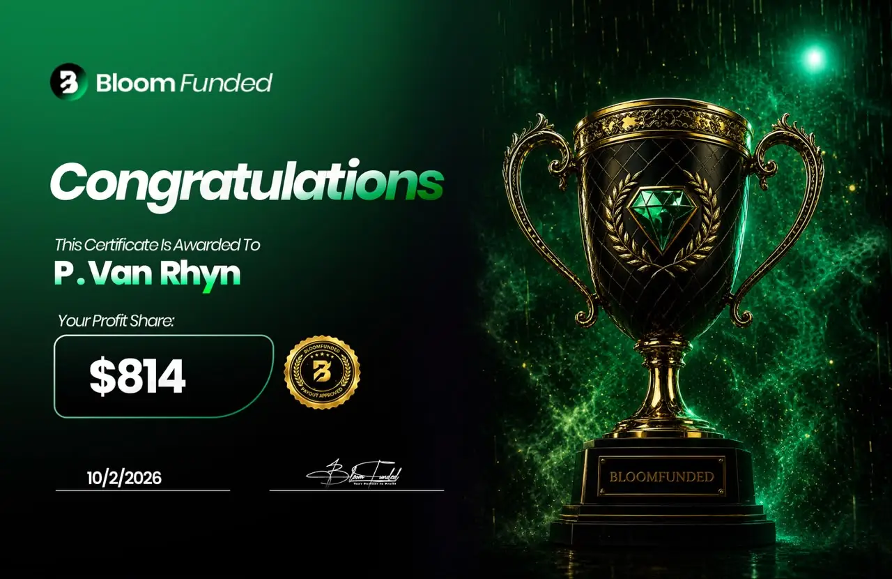 BloomFunded payout certificate awarded to P. Van Rhyn for $814